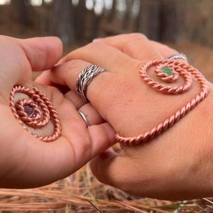 Ruby Chrysoprase Copper Palm Rings Set of 2 Reiki Energy Healing Hand Heart Chakra Activation Tensor Spiral Cuffs Meditation Crystal Jewelry