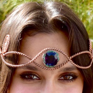 Coroa de Anel Tensor de Esmeralda e Ametista, Joia do Chakra do Terceiro Olho, Adorno de Cabeça Élfico de Cobre, Tiara de Fada, Diadema para Cabelo, Energia Reiki, Elfo