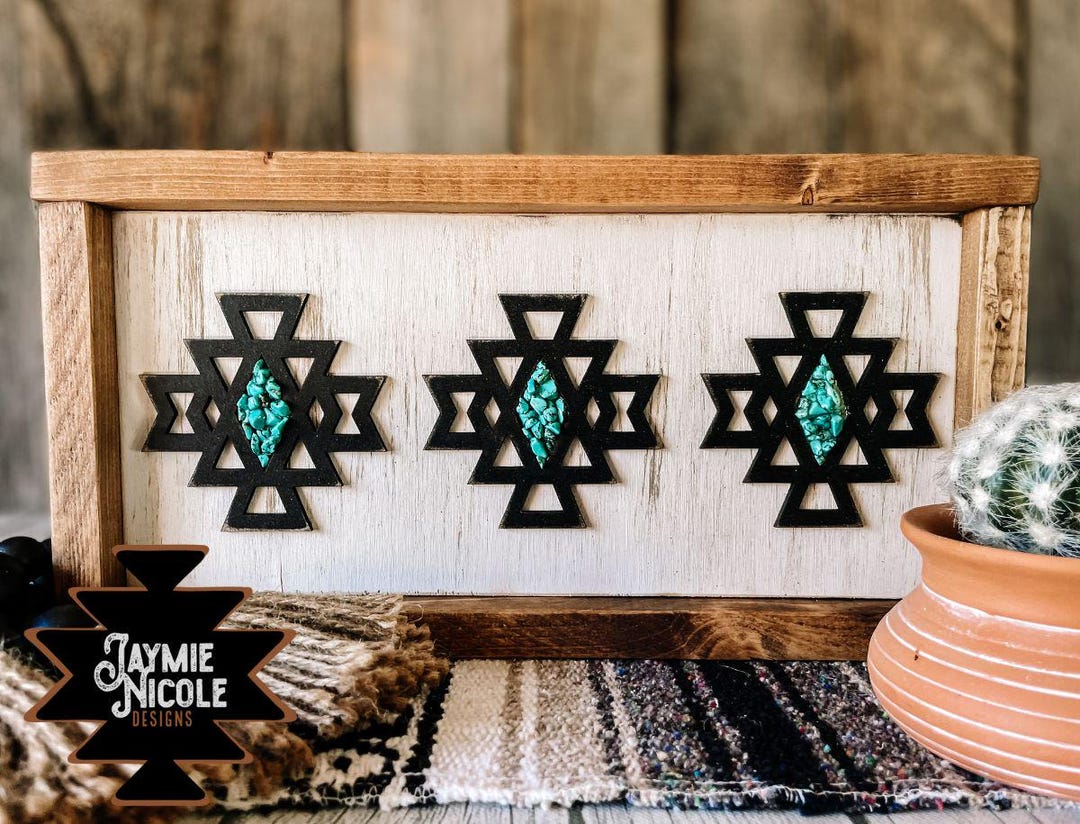 Handmade Aztec Wall Art | Turquoise Stone Accent Sign | Rustic Western Home Decor | Boho Cowgirl Wall Hanging