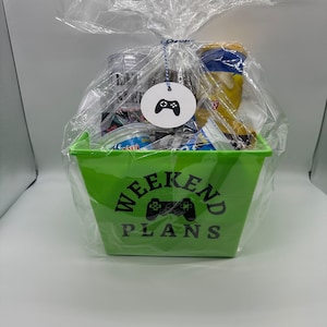 Personalized Gamer Gift Basket with gift card, insulated tumbler and snacks