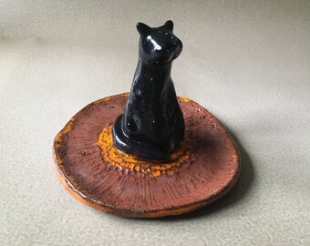 Handmade Ceramic Cat Tray – Decorative Pottery Dish with Cat Motif – Whimsical Catchall Plate – Jewelry Holder – Cat Lover Gift