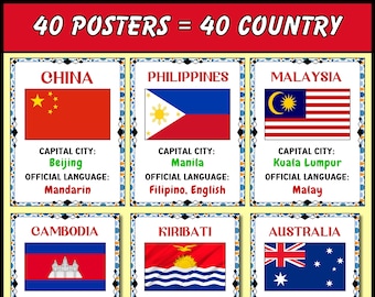 Printable Asian American & Pacific Islander Heritage Month Countries Flags Flashcards And Posters, AAPI Country Flags,Bulletin Board Posters