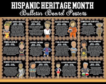 Prikbordset voor Spaanse erfgoedmaand klas, 42 iconische figuren, posters Hispanic Heroes, bulletinboard biografie, display in de klas.