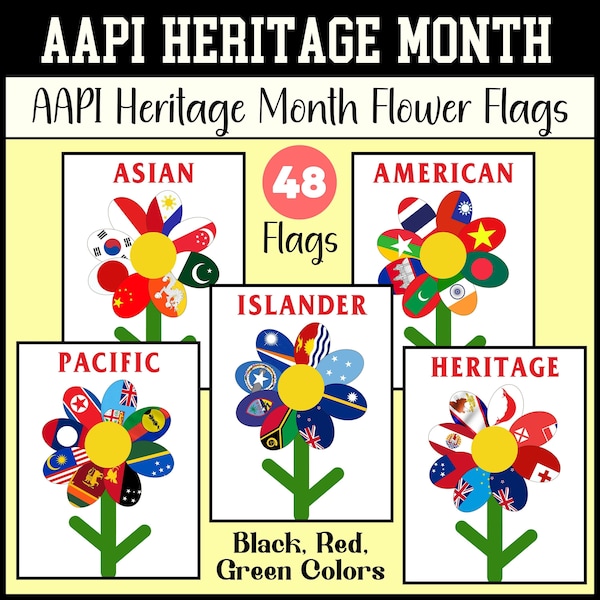 Celebrate AAPI Heritage Month with 48 Flags of Asian American and Pacific Islander Cultures,AAPI Heritage Month Flag Flowers,Classroom Decor