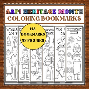 May include: A set of 6 black and white coloring bookmarks featuring AAPI (Asian American and Pacific Islander) heritage month. The bookmarks feature 37 different figures and are titled "148 Bookmarks, 37 Figures".