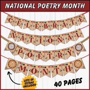 Banner del mese della poesia nazionale stampabili, striscioni per bacheche, decorazione dell'aula, decorazioni del mese della poesia nazionale, stamina stampabile.