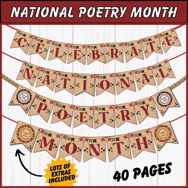 National Poetry Month Banners Printable, bulletin board banners, Classroom Decoration, National Poetry month decorations, bunting printable.