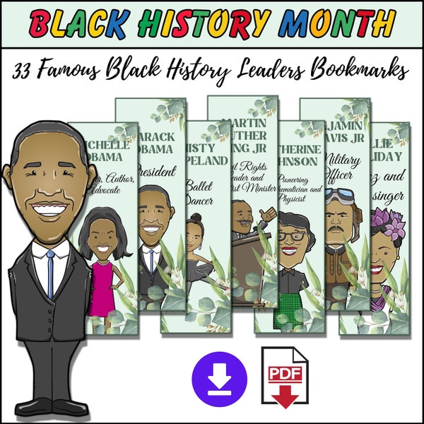 Important Figures In Black History Month Bookmarks | 33 Black Heroes | American African Leaders | Instant Download | Civil Rights Activist