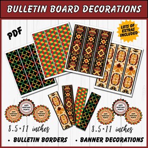 May include: A collection of bulletin board decorations with various patterns in red, yellow, green, and black. The set includes borders, banner decorations, and circular badges that read "AAPI Heritage Month". The paper size is 8.5 x 11 inches.