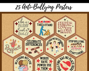 National Bullying Prevention Month Bulletin Board Set-25 Anti Bullying Posters- Cyber Bullying Awareness Classroom Decor-Bullying Activities