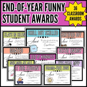 Puede incluir: Una colección de premios estudiantiles de fin de curso con títulos humorísticos como "Chill But Skilled" y "Drama-Free Zone". Los premios son de varios colores y presentan ilustraciones de dibujos animados. El texto "36 Classroom Awards" también es visible.