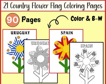 21 Hispanic Country Flag Flower Coloring Pages-Color/ B&W Printable Country Flags-Bulletin Board-Hispanic Country Flags-Classroom/Door Decor