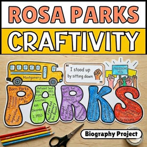 May include: A vibrant Rosa Parks Craftivity project featuring a yellow bus illustration, text, and a quote. Includes coloured pencils, scissors, and the words "Biography Project".
