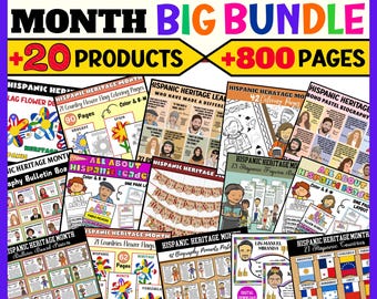 May include: A colorful bundle of educational resources for Hispanic Heritage Month. The image features various printables, including coloring pages, biographies, and bulletin board posters. The text includes "Hispanic Heritage Month Big Bundle" and "+20 Products +800 Pages."