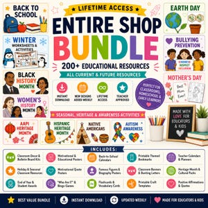 May include: A vibrant graphic advertising an entire shop bundle of 200+ educational resources. The image features illustrations for themes like Back to School, Black History Month, and Autism Awareness, with text including "Lifetime Access" and "Teacher Approved".