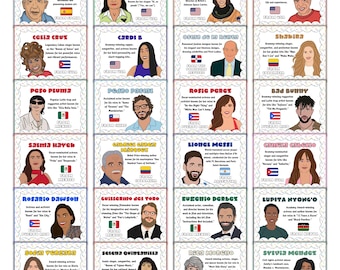 Puede incluir: Un collage colorido de 24 retratos ilustrados de personas famosas de diferentes países y orígenes. Cada retrato está enmarcado con un borde blanco e incluye el nombre de la persona, una breve descripción de sus logros y su país de origen.