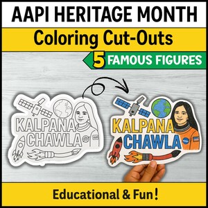 Peut inclure: Une page à colorier en noir et blanc de Kalpana Chawla, une astronaute indienne-américaine, avec une fusée, une navette spatiale et la Terre. La page à colorier fait partie d'un ensemble de 5 personnages célèbres pour le Mois du patrimoine AAPI.