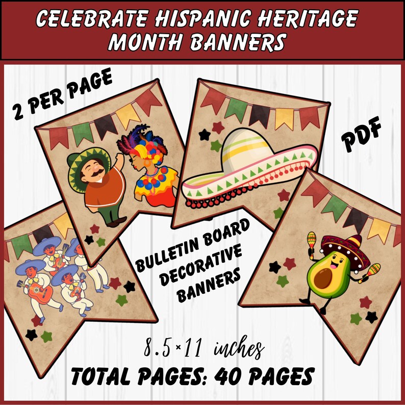 K&ouml;nnte beinhalten: Ein Satz von 40 druckbaren Bannern zum Hispanic Heritage Month mit Illustrationen eines Sombreros, einer Maraca, eines Musikers und einer Frau in traditioneller Kleidung. Die Banner sind f&uuml;r Pinnw&auml;nde konzipiert und messen 8,5 x 11 Zoll.