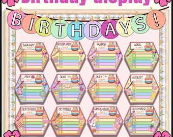 May include: A colorful birthday display board with the text "Birthday display" and "BIRTHDAYS!". It features twelve hexagonal sections, each representing a month, with space to write names and dates. The design includes cupcakes and decorative elements.