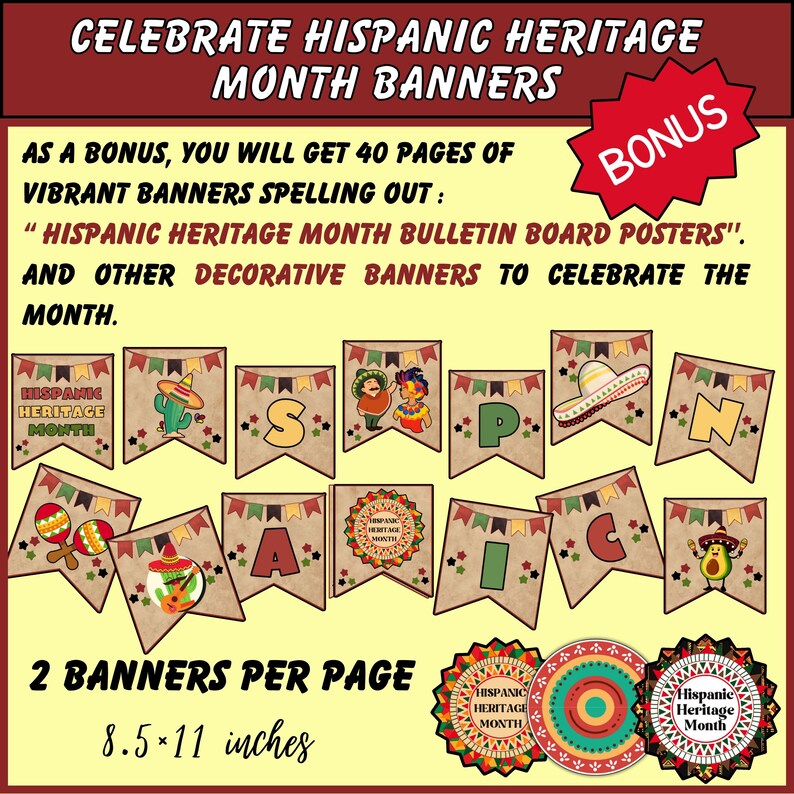 K&ouml;nnte beinhalten: Ein Satz von 40 druckbaren Bannerseiten zum Hispanic Heritage Month. Die Banner buchstabieren "Hispanic Heritage Month Bulletin Board Posters" und beinhalten weitere dekorative Banner. Jede Seite enth&auml;lt zwei Banner mit einer Gr&ouml;&szlig;e von 8,5 x 11 Zoll.