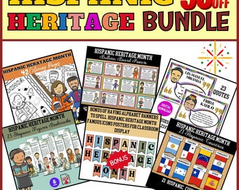 Hispanic Heritage Month-bundel, bulletinboard klas, iconische figuurposters, prikbord biografie, Spaans citaat, Spaanse landvlaggen