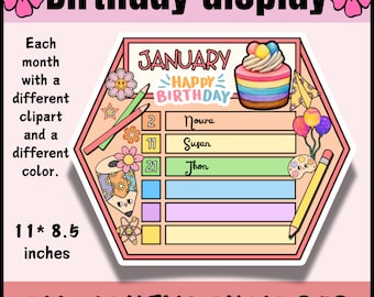 May include: A pink and peach birthday display with the text "Birthday display" and "All months included." The display is 11 x 8.5 inches and features a January section with names and a colorful cupcake illustration.