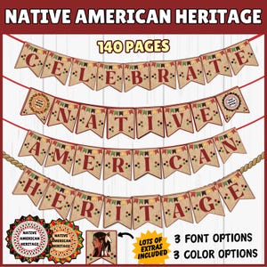 May include: A printable banner set for celebrating Native American Heritage Month. The banner features the words "Celebrate Native American Heritage" in brown and red letters on a beige background. The banner is decorated with red, yellow, and green geometric patterns. The image also includes three font options and three color options.