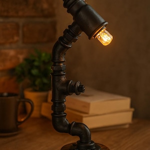 Rustic Industrial Pipe Lamp – Handmade Steampunk Desk Light with Edison Bulb and Wood Base – Vintage Loft Style Table Lighting