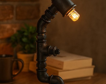 Handmade Steampunk Pipe Desk Lamp – Edison Bulb, Wood Base