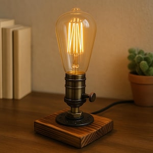 Lámpara de escritorio con bombilla Edison y base de madera, iluminación industrial rústica vintage para oficina, dormitorio, decoración rústica del hogar, iluminación de madera, lámpara de escritorio Edison
