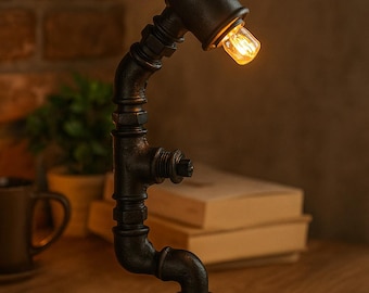 Ręcznie robiona lampa biurkowa z rur w stylu industrialnym – Steampunkowa żarówka Edisona