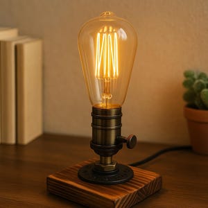 Op de afbeelding: Een Edison-stijl bureaulamp met een warme, amberkleurige gloeilamp. De lamp is geplaatst in een messingkleurige fitting en staat op een houten voet. Een kleine knop bevindt zich aan de zijkant van de fitting. Een zwart snoer komt uit de voet.