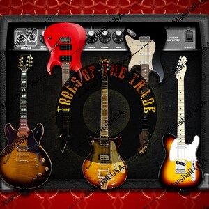 May include: A black guitar amplifier with five different guitars in front of it. The guitars are a red electric guitar, a black electric guitar, a brown electric guitar, a black semi-acoustic guitar, and a brown electric guitar. The amplifier has the words "Tools of the Trade" written on it.