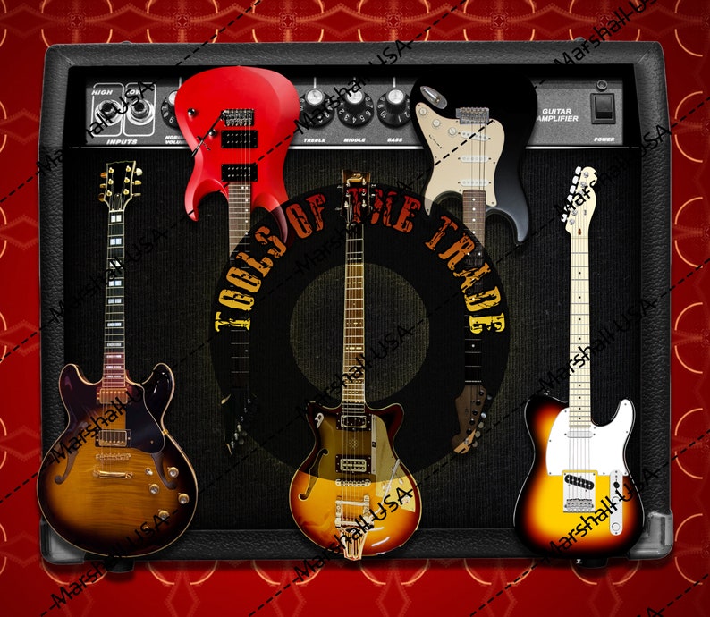 May include: A black guitar amplifier with five different guitars in front of it. The guitars are a red electric guitar, a black electric guitar, a brown electric guitar, a black semi-acoustic guitar, and a brown electric guitar. The amplifier has the words "Tools of the Trade" written on it.