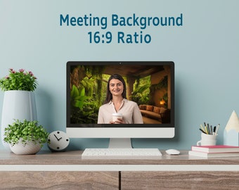 May include: A woman on a video call with a lush green tropical background. The video call is displayed on a computer monitor on a desk with a white keyboard, a clock, and a potted plant.