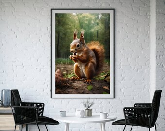 May include: A red squirrel sits on a log in a forest setting, eating a nut. The squirrel has a bushy tail and is looking directly at the camera.
