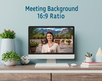 May include: A woman on a video call with a mountain view background. The video call is displayed on a computer monitor on a desk with a keyboard, mouse, and other office supplies.