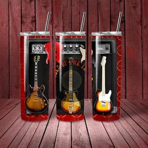 May include: Three stainless steel tumblers with a red background and a black and white image of a guitar amplifier, a guitar, and the text "Kings of the Road".