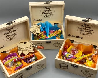 Cadeau maîtresse fin d'année / maître / atsem / crèche / nounou ... Boite personnalisée, boite à thé / bonbons / bijoux...