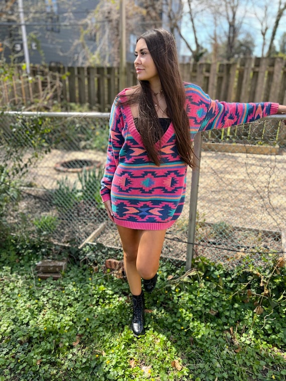 Nuovo Vintage Neon Aztec Sweater Dress, Sz M - Etsy