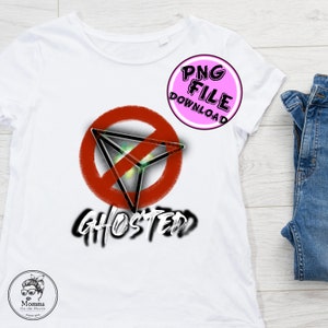 May include: White t-shirt with a graphic design featuring a red circle with a black line through it, a geometric shape, and the word "GHOSTED" in a stylized font. A pink circle with "PNG FILE DOWNLOAD" is also visible.
