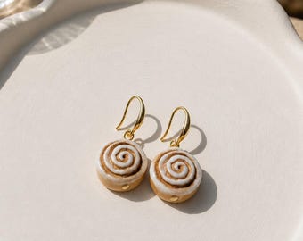 Handmade Polymer Clay Cinnamon Roll Earrings, Resin Coated Dessert Jewelry