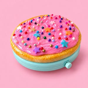 May include: A round compact mirror with a light blue base and a lid decorated to resemble a cookie with pink frosting, colorful round sprinkles, and small star-shaped accents. The lid features a textured surface and a small side latch.