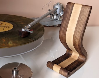 Vinyl record display stand, unique curved, black walnut and beech. The perfect luxury gift for a vinyl record music fan!