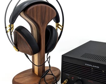 Unique Wooden Headphone Stand - Headphone holder - three-layer black walnut and beech - Perfect gift for a music lover