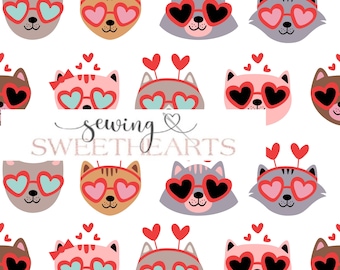 May include: A repeating pattern of cartoon cat faces with heart-shaped sunglasses and headbands. The cats are in various colors, including gray, brown, and pink, with red and blue accents. The text "sewing & SWEETHEARTS" is in the center.