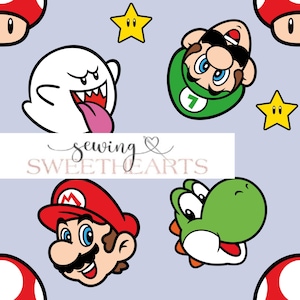 May include: A colorful pattern featuring characters from the Super Mario video game franchise. The pattern includes Mario, Luigi, Yoshi, Boo, and stars on a light purple background.