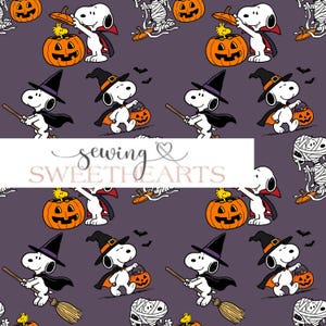 May include: A dark purple fabric pattern featuring Snoopy and Woodstock in Halloween costumes. Snoopy appears as a vampire with a pumpkin, a witch on a broomstick, and a mummy. The text Sewing Sweethearts is overlaid in the center.