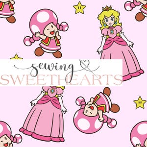May include: A pink and white seamless pattern featuring cartoon characters from the Super Mario franchise. The pattern includes Princess Peach, Toad, and stars. The text "sewing sweethearts" is included in the pattern.