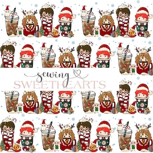 May include: A repeating pattern of cartoon characters in holiday attire, including Harry Potter, Hermione, and Dobby, on coffee cups and in festive outfits. The image includes the text "sewing & SWEETHEARTS" in a cursive font.
